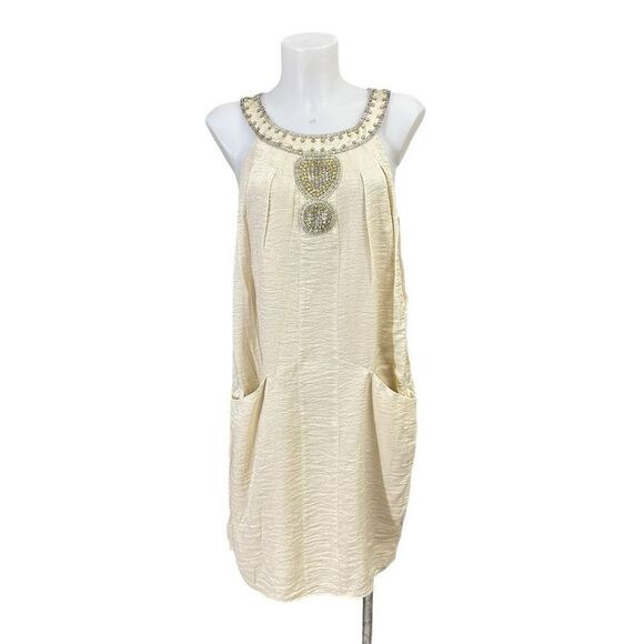 laundry Scoop Neck Crepe Shift Dress Mini Embellished Neckine light gold sz‎ 8 - Picture 1 of 11
